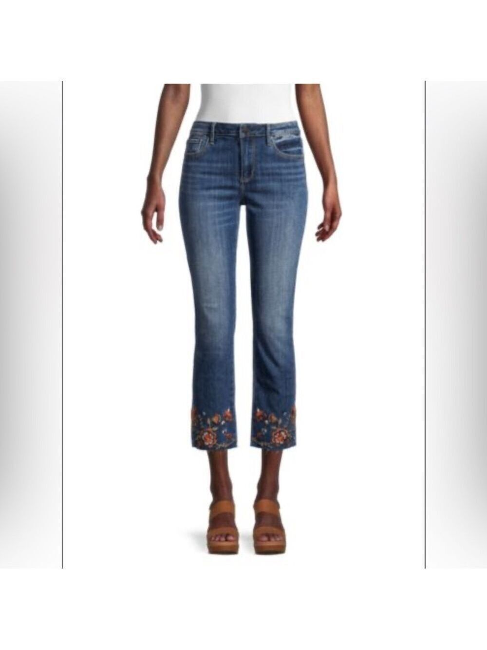 Driftwood Colette Floral-Embroidered Jeans Raw Hem Sz 25X26